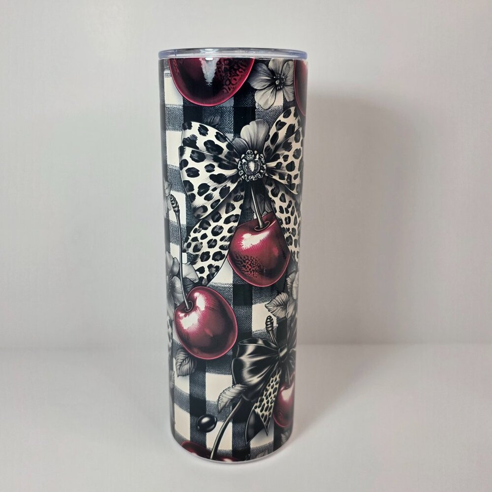 Rockabilly Cherry Leopard Bow 20 oz Skinny Tumbler | Retro Pinup Tumbler - Picture 3 of 7